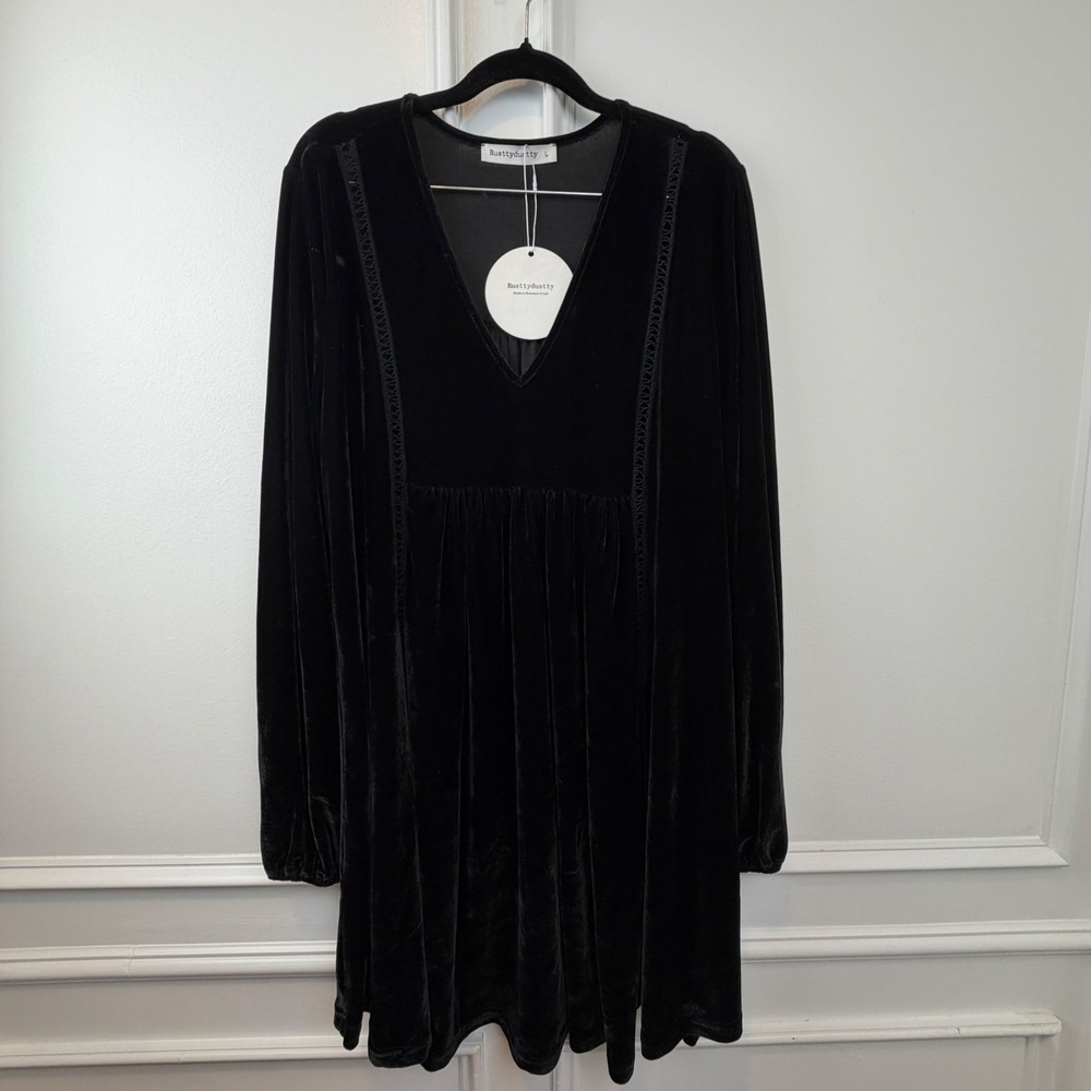Rusttydustty Black Velvet V-Neck Boho Babydoll Mini Dress‎ Balloon Sleeve Large